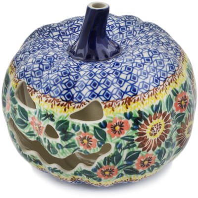 Polish Pottery Jack O Lantern Candle Holder 6&quot; Autumn Sunflower UNIKAT