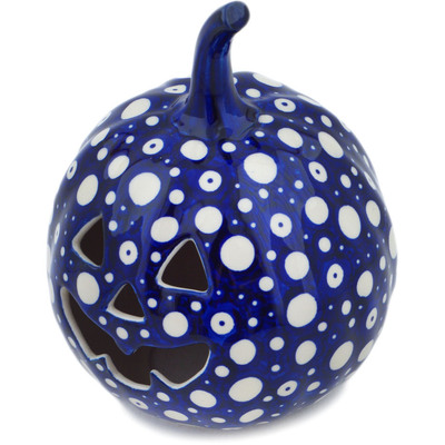 Polish Pottery Jack O Lantern Candle Holder 6&quot; Blue Eye Scatter UNIKAT