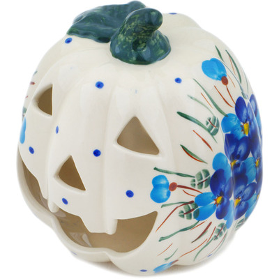 Polish Pottery Jack O Lantern Candle Holder 6&quot; Blue Pansy