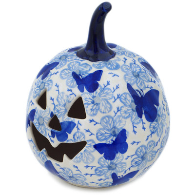 Polish Pottery Jack O Lantern Candle Holder 6&quot; Cobalt Butterflies UNIKAT