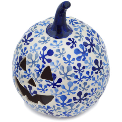 Polish Pottery Jack O Lantern Candle Holder 6&quot; Flower Clouds UNIKAT