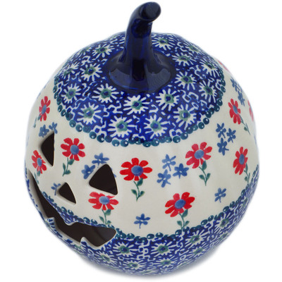 Polish Pottery Jack O Lantern Candle Holder 6&quot; Full Blossom