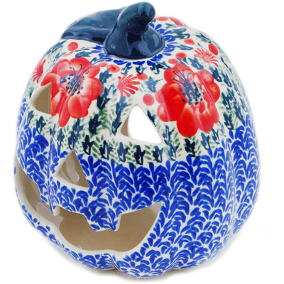 Polish Pottery Jack O Lantern Candle Holder 6&quot; Lone Poppy