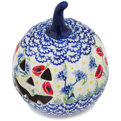 Polish Pottery Jack O Lantern Candle Holder 6&quot; Poppies And Cornflowers UNIKAT