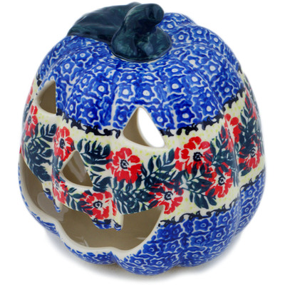 Polish Pottery Jack O Lantern Candle Holder 6&quot; Red Wreath