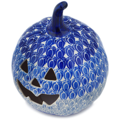 Polish Pottery Jack O Lantern Candle Holder 6&quot; Retro Blue Tulips