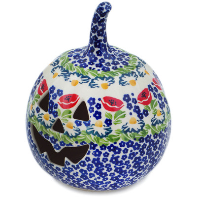 Polish Pottery Jack O Lantern Candle Holder 6&quot; Wild Poppies UNIKAT