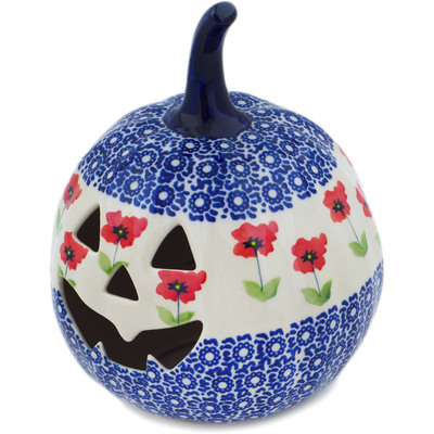 Polish Pottery Jack O Lantern Candle Holder 6&quot; Wind-blown Poppies