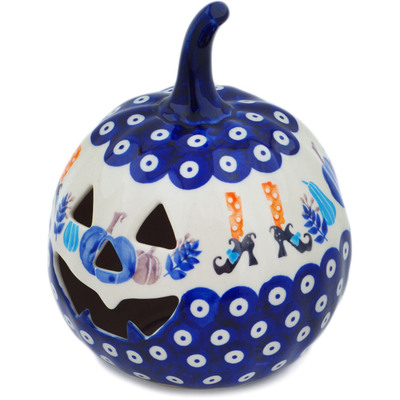 Polish Pottery Jack O Lantern Candle Holder 6&quot; Witch&#039;s Patch UNIKAT