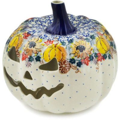 Polish Pottery Jack O Lantern Candle Holder 7&quot; Autumn Falling Leaves UNIKAT