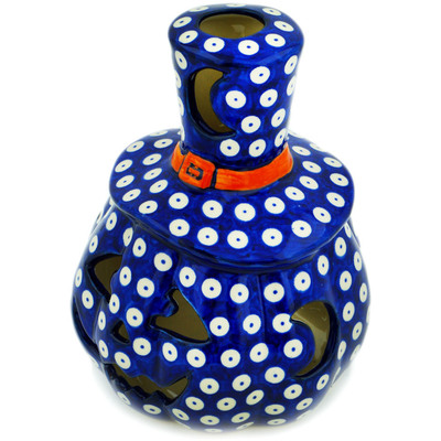 Polish Pottery Jack O Lantern Candle Holder 7&quot; Blue Eyed Peacock