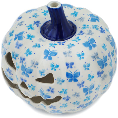 Polish Pottery Jack O Lantern Candle Holder 7&quot; Crystal Butterfly