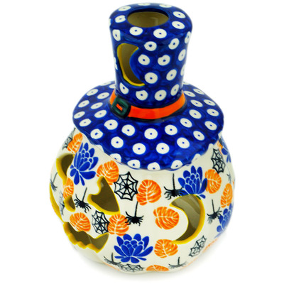 Polish Pottery Jack O Lantern Candle Holder 7&quot; Halloween Leaves