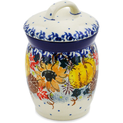 Polish Pottery Jar with Lid 4&quot; Autumn Falling Leaves UNIKAT