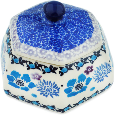 Polish Pottery Jar with Lid 4&quot; Blooming Blues