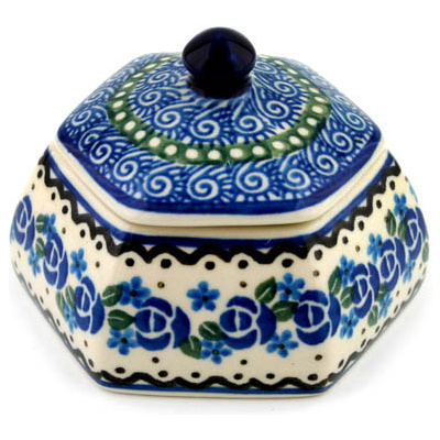 Polish Pottery Jar with Lid 4&quot; Blue Bud Sea