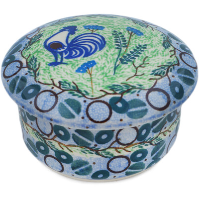 Polish Pottery Jar with Lid 4&quot; Blue Rooster UNIKAT