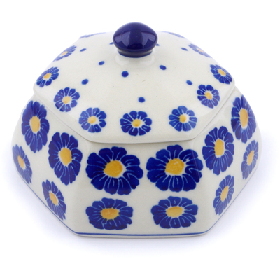 Polish Pottery Jar with Lid 4&quot; Blue Zinnia
