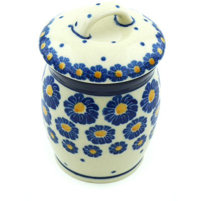 Polish Pottery Jar with Lid 4&quot; Blue Zinnia