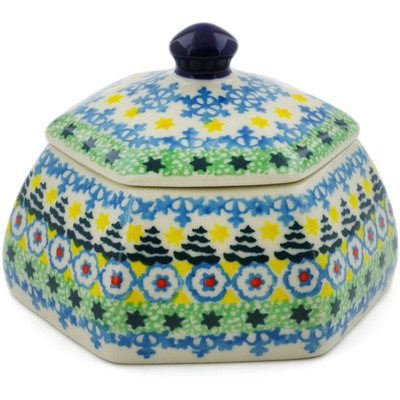 Polish Pottery Jar with Lid 4&quot; Christmas Forest UNIKAT