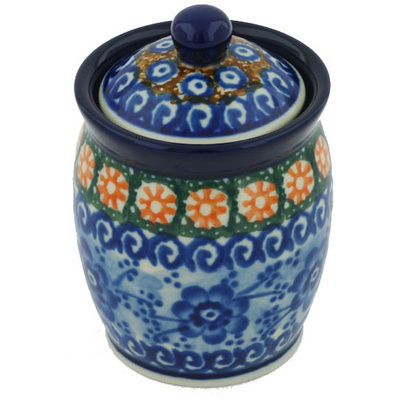 Polish Pottery Jar with Lid 4&quot; Dancing Blue Poppies UNIKAT