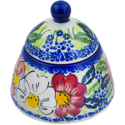 Polish Pottery Jar with Lid 4&quot; Maroon Blossoms UNIKAT