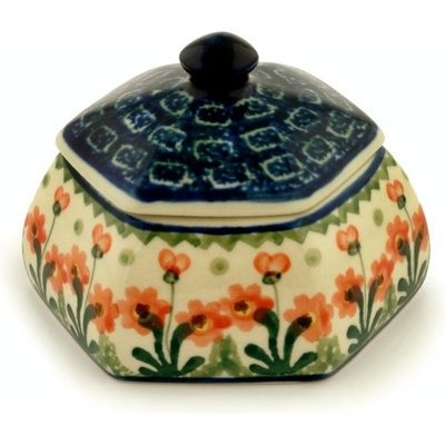 Polish Pottery Jar with Lid 4&quot; Peach Spring Daisy