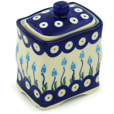 Polish Pottery Jar with Lid 4&quot; Peacock Tulip Garden