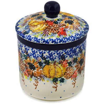 Polish Pottery Jar with Lid 5&quot; Autumn Falling Leaves UNIKAT