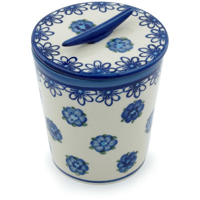 Polish Pottery Jar with Lid 5&quot; Blue Flower Halo UNIKAT