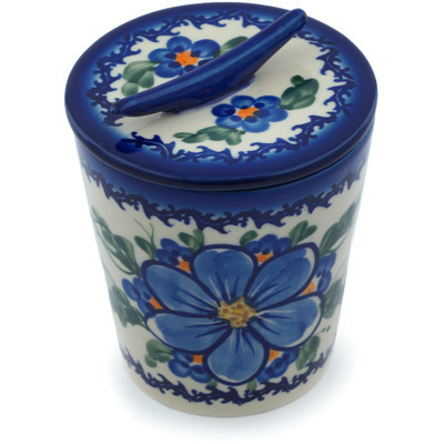 Polish Pottery Jar with Lid 5&quot; Blue Garden UNIKAT