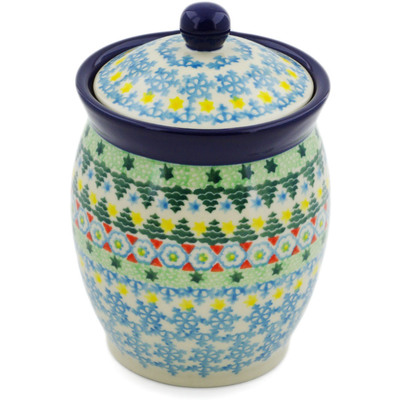 Polish Pottery Jar with Lid 5&quot; Christmas Forest UNIKAT