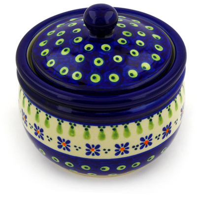 Polish Pottery Jar with Lid 5&quot; Green Gingham Peacock