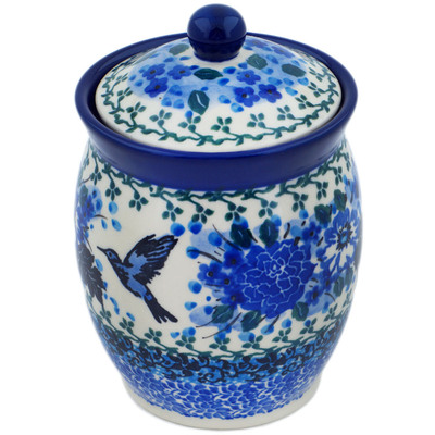 Polish Pottery Jar with Lid 5&quot; Hummingbird Blue UNIKAT