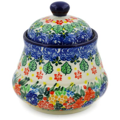 Polish Pottery Jar with Lid 5&quot; Red Bouquet UNIKAT