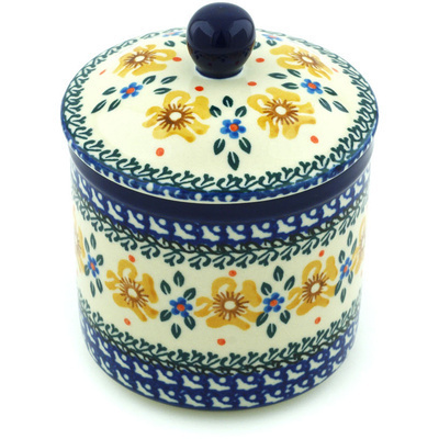 Polish Pottery Jar with Lid 5&quot; Sea Fall Yellow Flowers