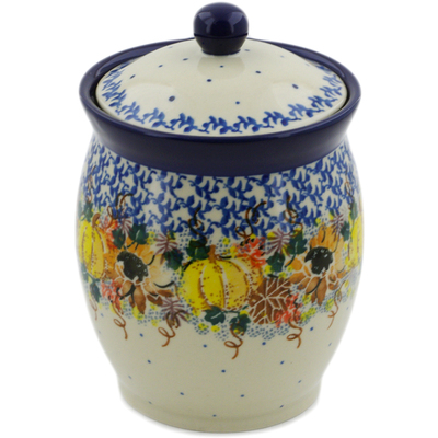 Polish Pottery Jar with Lid 6&quot; Autumn Falling Leaves UNIKAT