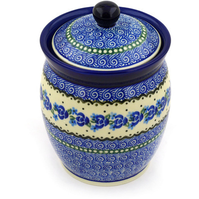 Polish Pottery Jar with Lid 6&quot; Blue Bud Sea