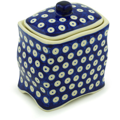 Polish Pottery Jar with Lid 6&quot; Blue Eyed Peacock