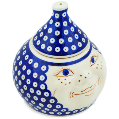Polish Pottery Jar with Lid 6&quot; Blue Eyed Peacock