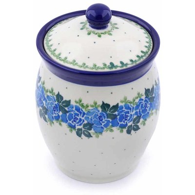 Polish Pottery Jar with Lid 6&quot; Blue Rose