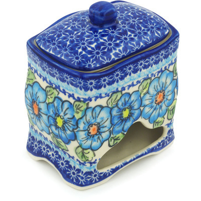 Polish Pottery Jar with Lid 6&quot; Bold Blue Poppies UNIKAT