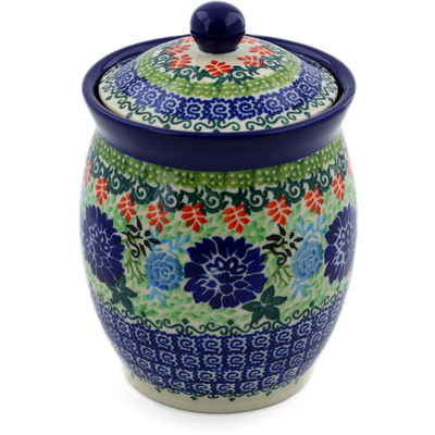 Polish Pottery Jar with Lid 6&quot; Carnation Blossoms UNIKAT