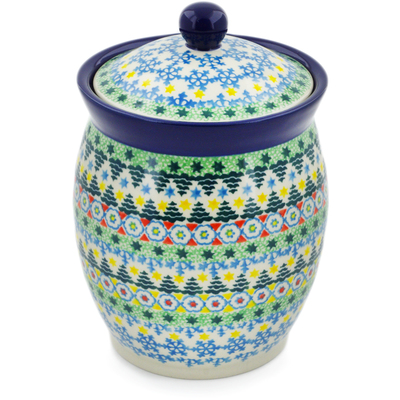 Polish Pottery Jar with Lid 6&quot; Christmas Forest UNIKAT