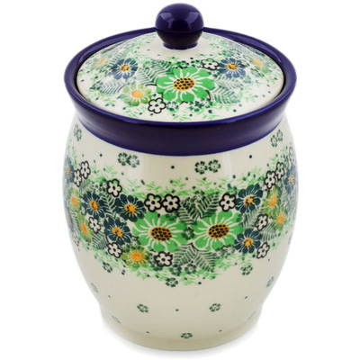 Polish Pottery Jar with Lid 6&quot; Green Wreath UNIKAT