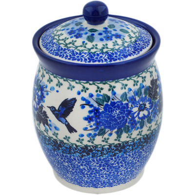 Polish Pottery Jar with Lid 6&quot; Hummingbird Blue UNIKAT