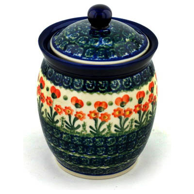 Polish Pottery Jar with Lid 6&quot; Peach Spring Daisy