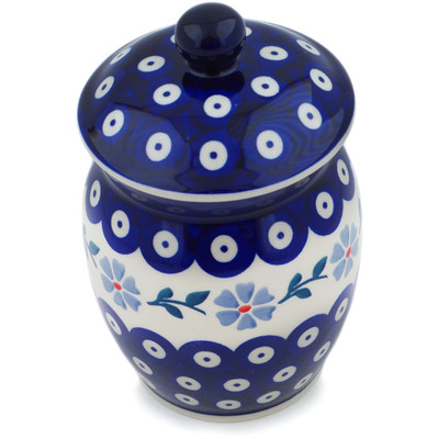 Polish Pottery Jar with Lid 6&quot; Peacock Forget-me-not