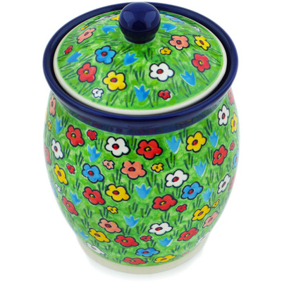 Polish Pottery Jar with Lid 6&quot; Whimsical Garden UNIKAT