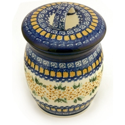 Polish Pottery Jar with Lid 6&quot; Yellow Ribbon UNIKAT